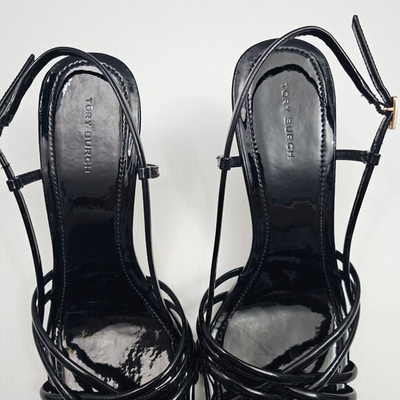 Tory Burch Multi Strap 75mm Wedge Women 9 Black Patent Leather Sandal Espadrille - Picture 8 of 14